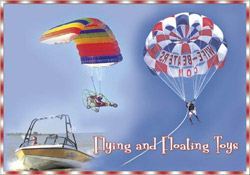 Multiple parasailing groups promoting Flying and Floating Toys
