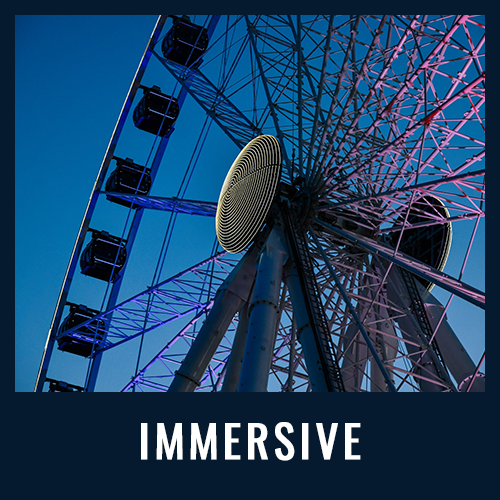 Large Ferris wheel lit with colorful lights at dusk, viewed from below, with "IMMERSIVE" in wh