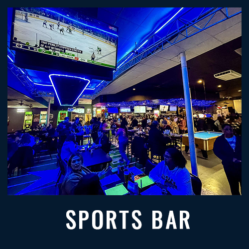 Sports bar with neon blue lighting, people dining and watching a game on a large overhead TV