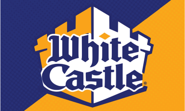 White Castle logo with bold white and blue text over a stylized castle, on blue & yellow background