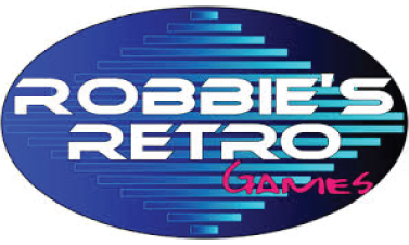 Robbie's Retro Games logo with blue gradient lines and pink text on a dark oval background.