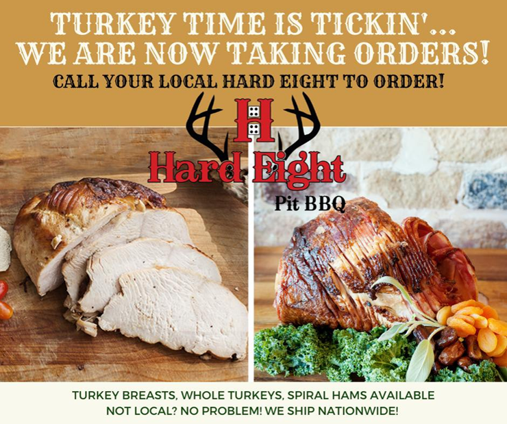 Hard Eight BBQ ad showing sliced turkey and spiral ham with text about Thanksgiving orders.