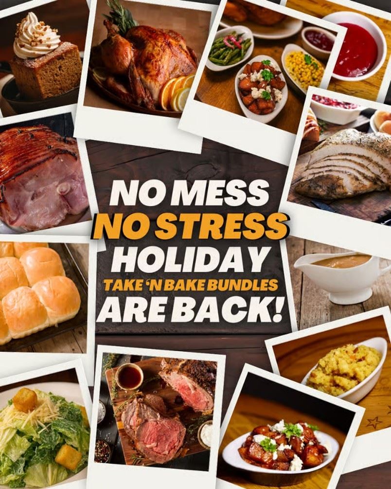 Take 'n Bake holiday meal bundles ad with assorted dishes and text \