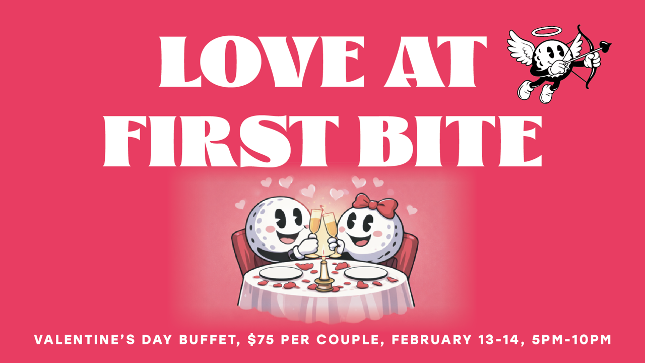 Valentine's Day buffet ad with cartoon couple dining and text “Love at First Bite, $75 per couple