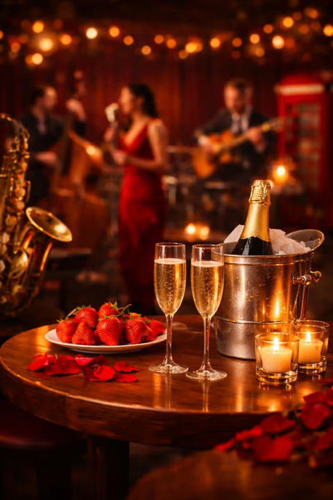 Romantic table with champagne, strawberries, and candles, with live music playing in the background.