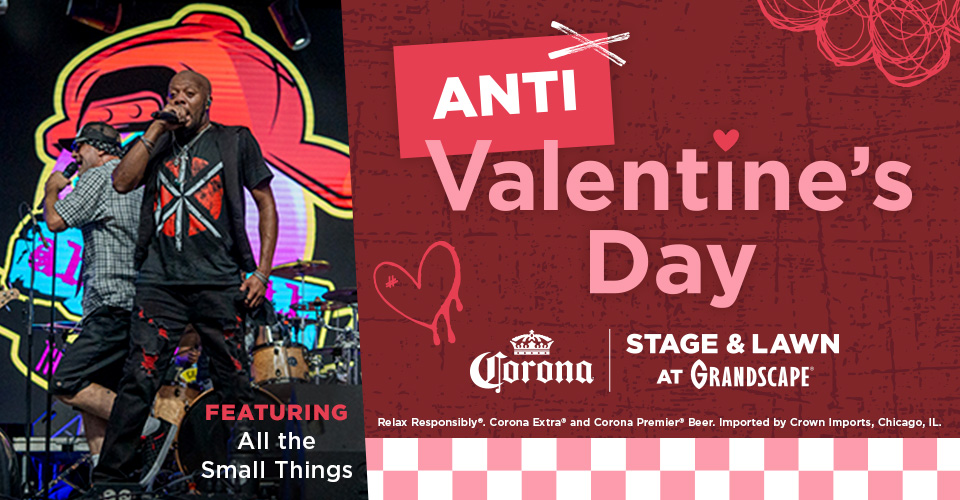 Anti-Valentine’s Day event poster with live band and details for Stage & Lawn at Grandscape.